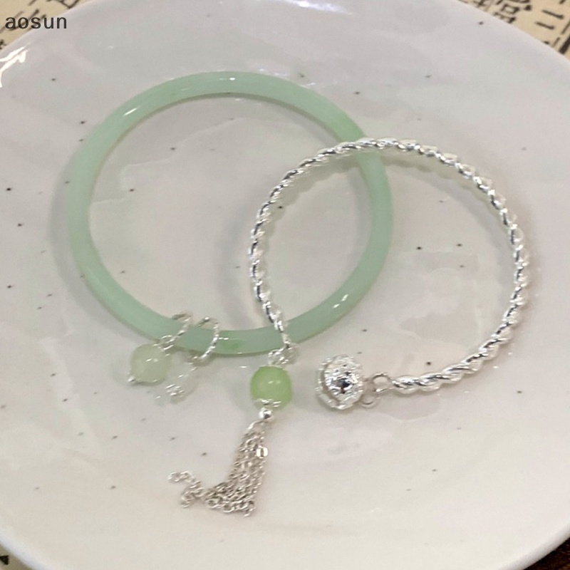 Aosun Vòng Tay Hở Hai Đầu Màu Xanh Lá Cây Phong Cách vintage Thời Trang Có Thể Điều Chỉnh Cho Nữ