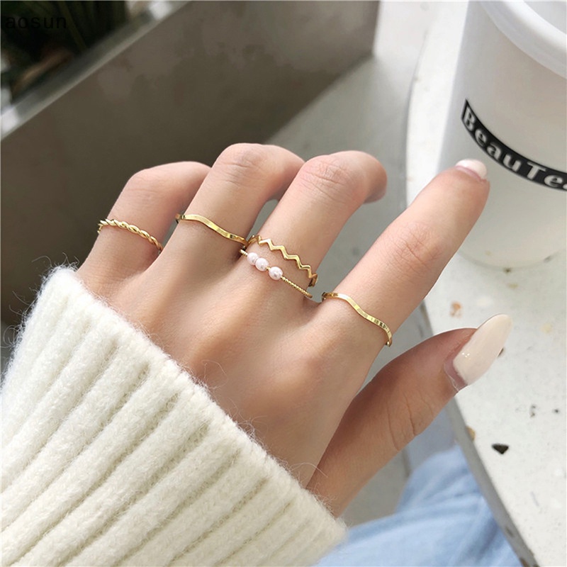 Aosun set 5 Nhẫn Đeo Tay Kim Loại Dạng Hở Thời Trang Cho Nữ