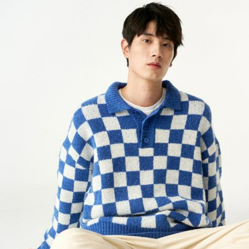 Áo Len Cổ polo Dáng Rộng Họa Tiết Caro Thời Trang Thu Đông Cho Nam