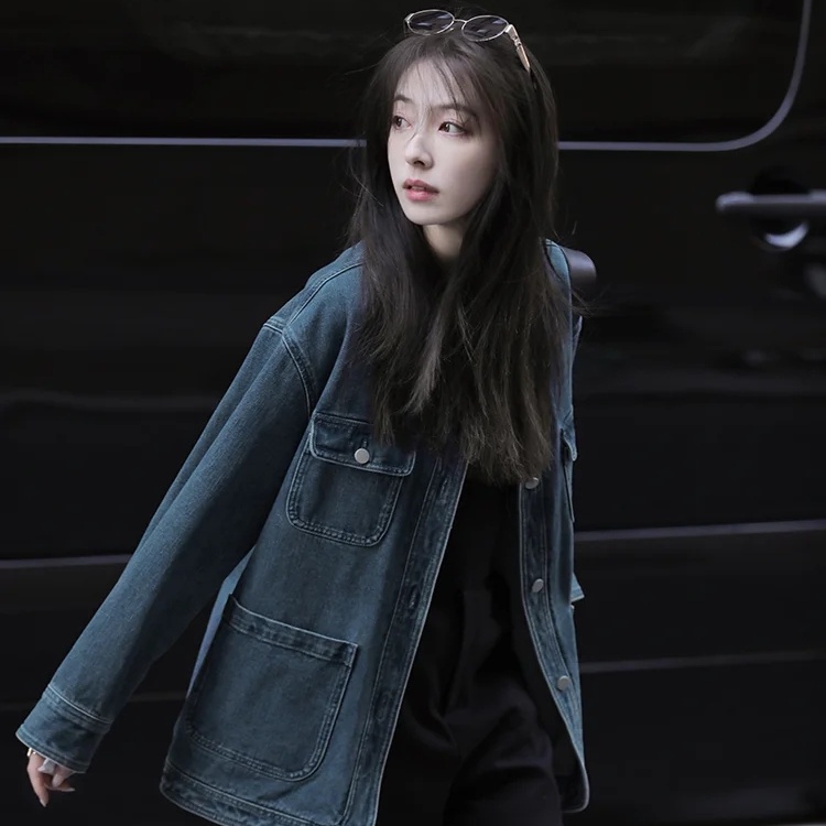 Áo Khoác denim Dài Tay Dáng Rộng Phong Cách retro Hàn Quốc