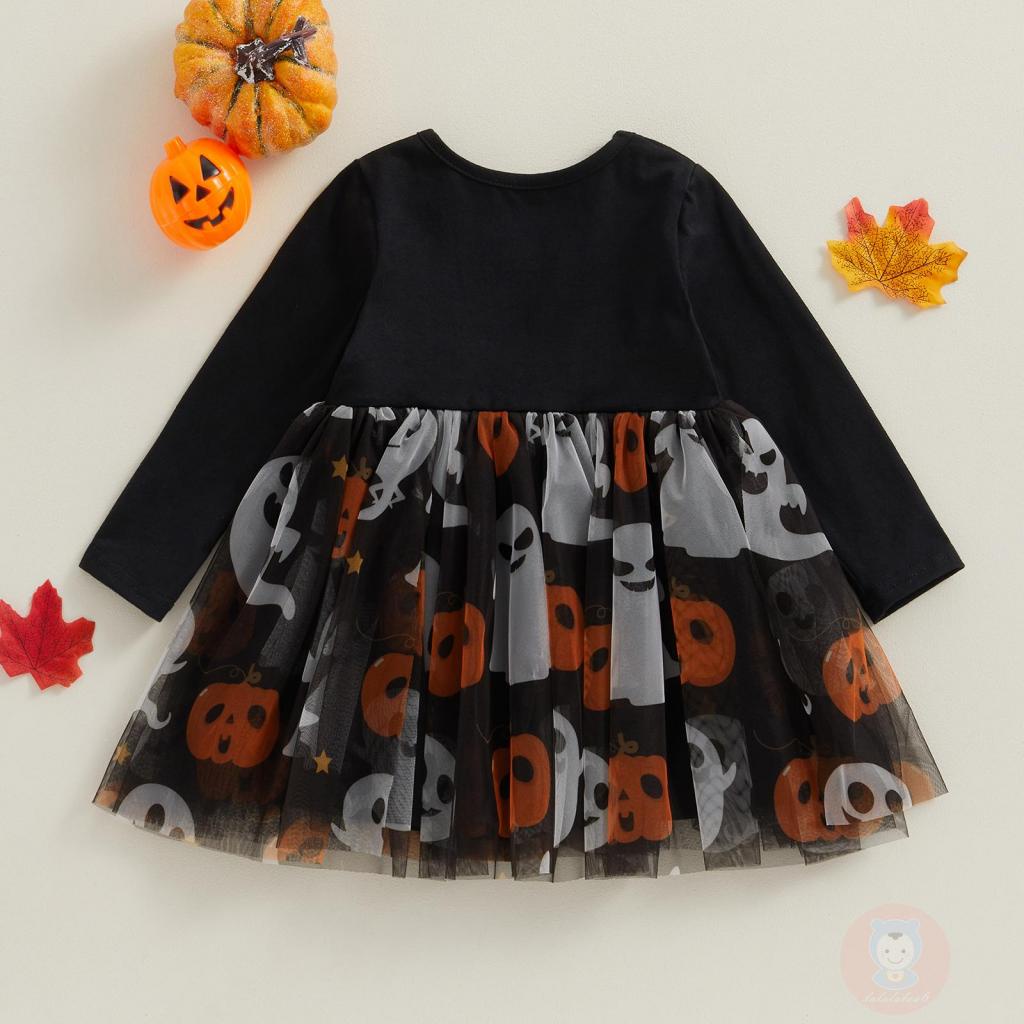 Đầm Xòe Chữ a Tay Dài Cổ Tròn In Hình Bí Ngô / Ma halloween laa6 Cho Bé Gái