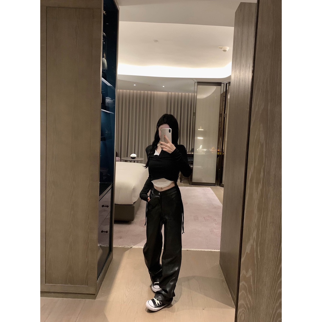 3ENV Chrome Hearts 23 autumn and winter new leather embroidery logo decorative design casual low waist leather pants women's fashion straight pants Women's