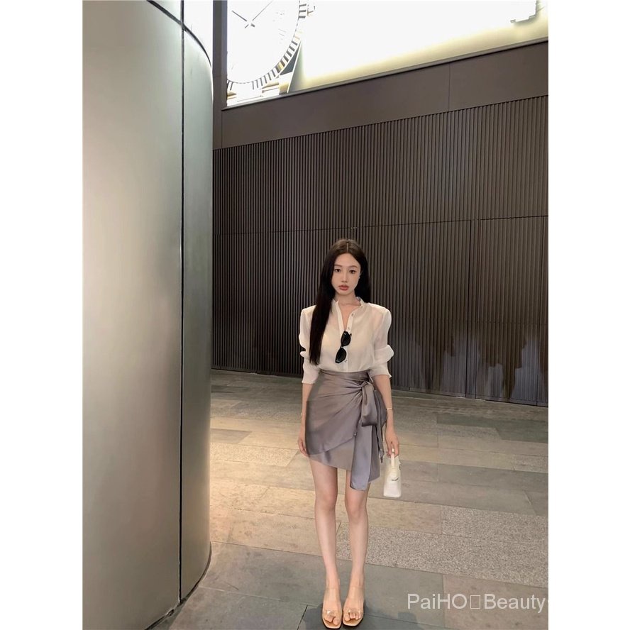 PaiHO❤ Áo Sơ Mi Chống Nắng Dáng Rộng Vải Tuyn + Chân Váy Eo Cao Thời Trang Mùa Hè Hàng Mới Dành Cho Bạn Nữ