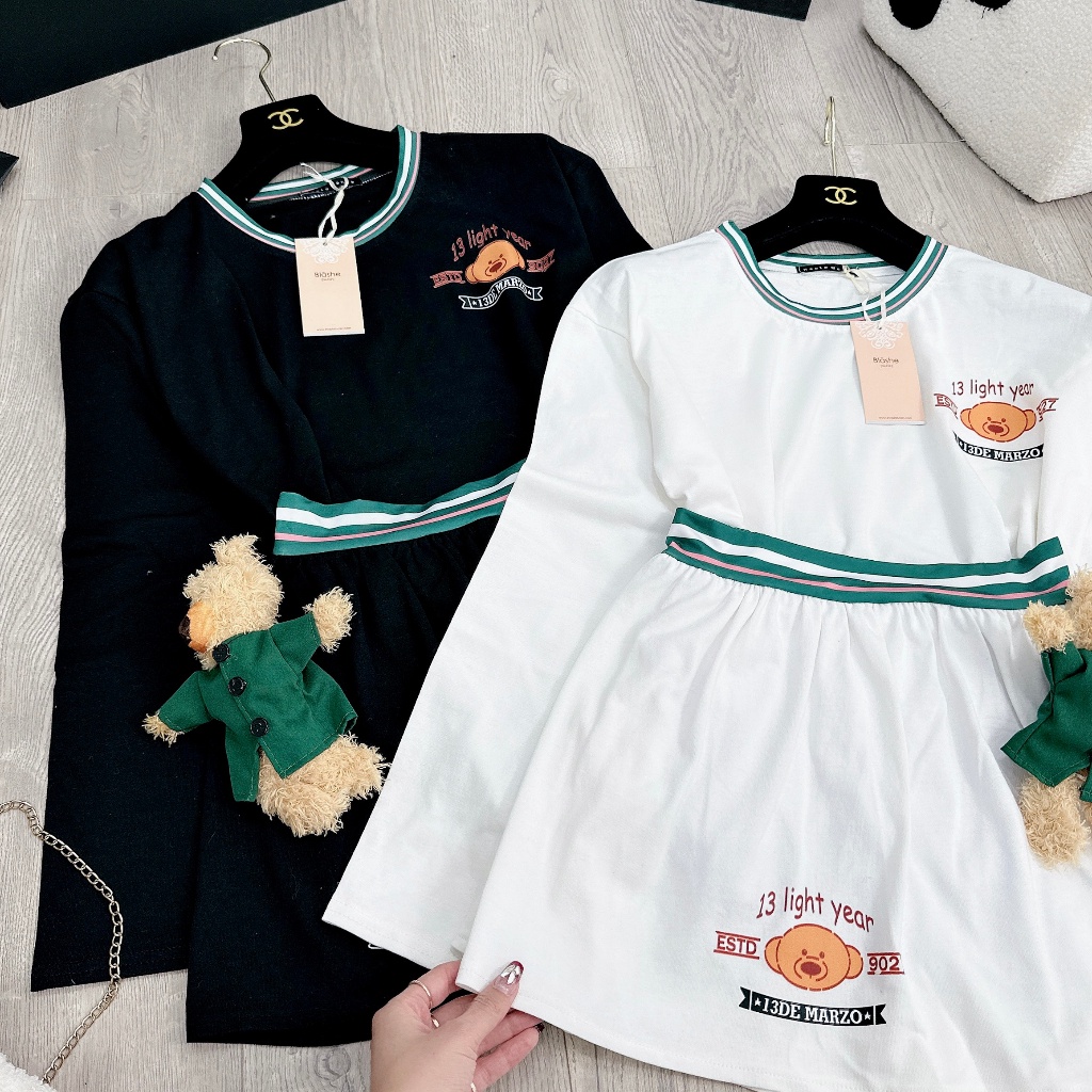 Set áo dài tay mix chân váy phối kẻ kèm gấu siêu hot BN572CCC