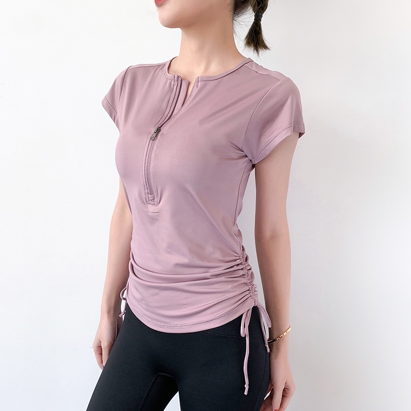 Áo Thun Thể Thao Tay Ngắn Có Khóa Kéo Chất Liệu Co Giãn Khô Thoáng Nhanh Thời Trang Cho Nữ