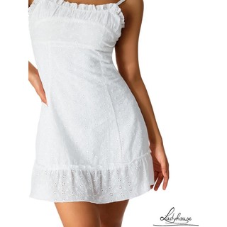 Lady-nữ Ren Mini Đầm Không Tay Spaghetti Dây Buộc Trước Ruffle Hem Đầm Ngắn