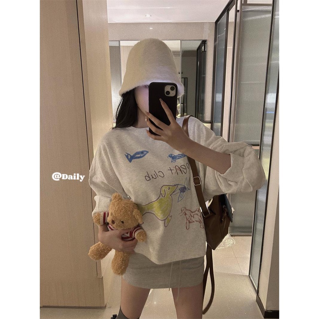 Áo Sweater Tay Dài Cổ Tròn In Họa Tiết graffiti Hoạt Hình Thời Trang Mùa Thu Hàn Quốc 2023 3n