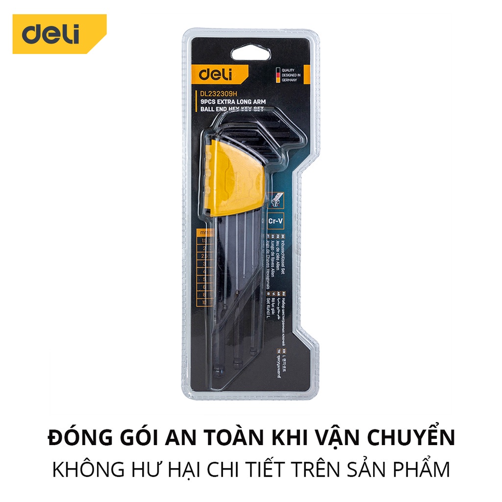 Bộ Lục Giác 9 Chi Tiết Deli Cao Cấp 2 Loại CR-V Chống Gỉ Mòn Đầu Bằng Và Đầu Bi - Vặn Mở Ốc Vít - EDL232209