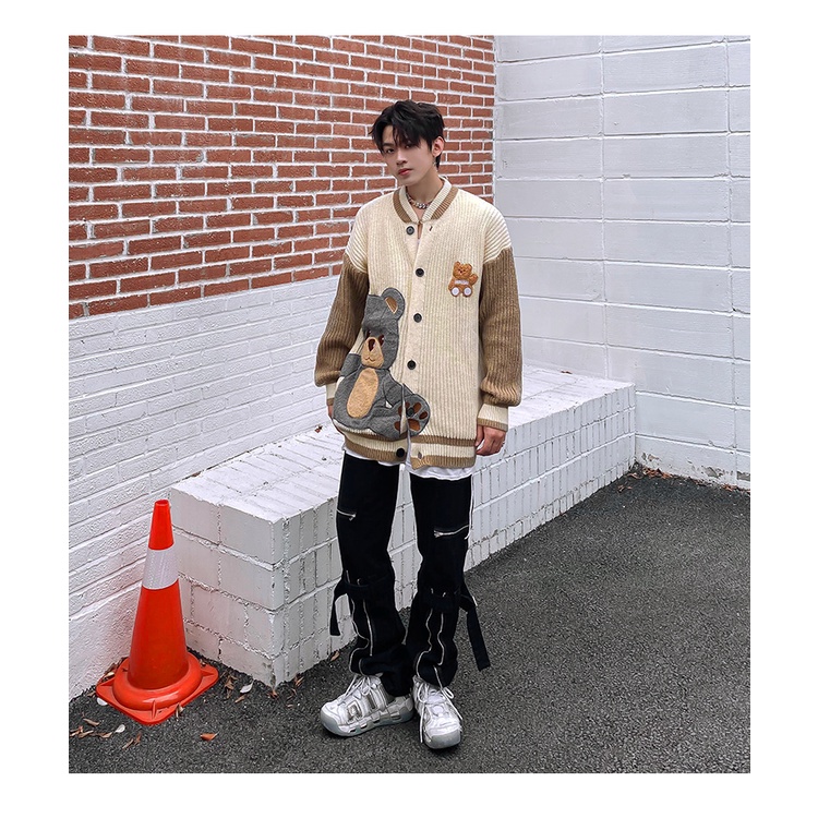 Áo Khoác cardigan Dệt Kim Thêu Họa Tiết Gấu Màu Sắc Tương Phản Thời Trang Thu Đông 2023