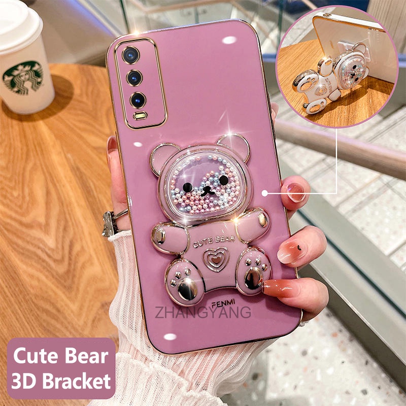 Ốp lưng vivo y20 y12s y20s y20i y12a Ốp Điện Thoại tpu Dẻo Mạ Màu 3d In Hình Gấu Nhỏ Đáng Yêu Có Giá Đỡ Cho vivo y20 y12s y20s y20i y12a