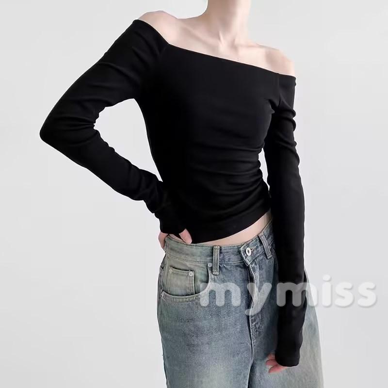 Mymiss1-áo Thun Tay Dài Trễ Vai Cổ Thuyền Màu Trơn Ôm Dáng Thời Trang Xuân Thu Cho Nữ
