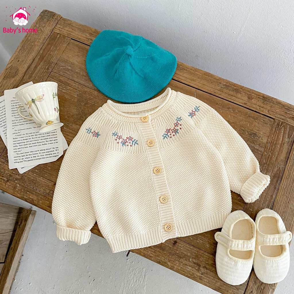 Áo khoác Cardigan cho bé gái, Áo Khoác Cardigan dệt kim tay thêu họa tiết cho bé từ 5-15kg-Baby's home có sẵn