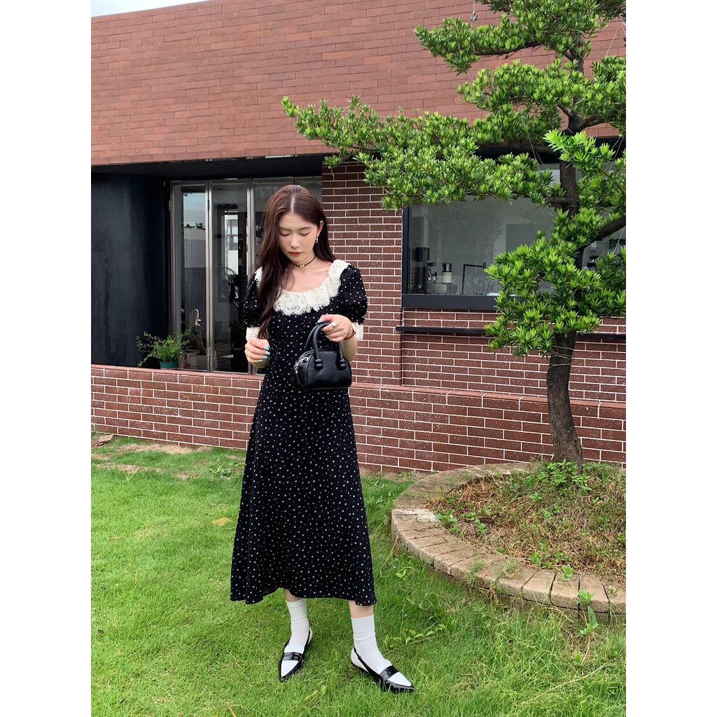 Đầm maxi Màu Đen Tay Phồng Phối Ren Hoa Phong Cách vintage Pháp