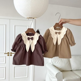 Váy baby doll cổ nơ tông màu nâu tây phong cách vintage cho bé- size nhí- hàng qccc