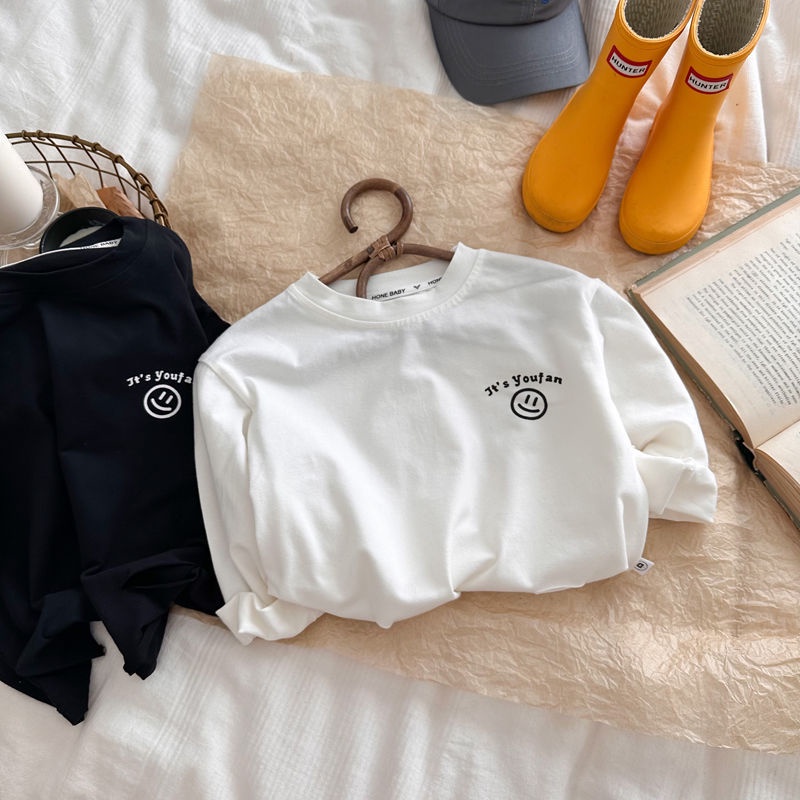 Áo Thun cotton Tay Dài In Hình Mặt Cười Thời Trang Thu Đông Cho Bé 90-140cm