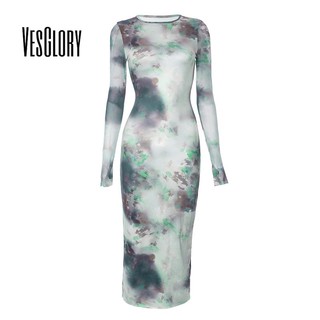 VesGlory Đầm Maxi Nữ Thời Trang Tương Phản Màu In Tay Dài CỔ Tròn Ôm Bodycon