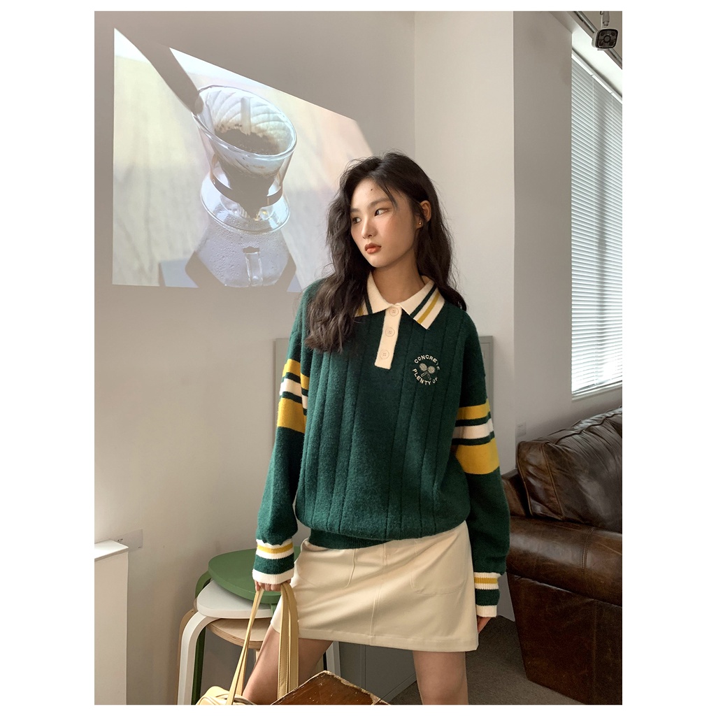 Zwqfp Áo Len Rộng Cổ polo Phong Cách preppy