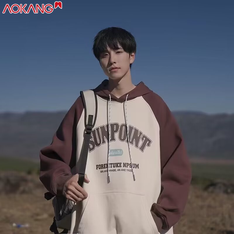 Áo khoác hoodie AOKANG tay raglan dáng rộng màu tương phản phong cách Hàn Quốc cho nam