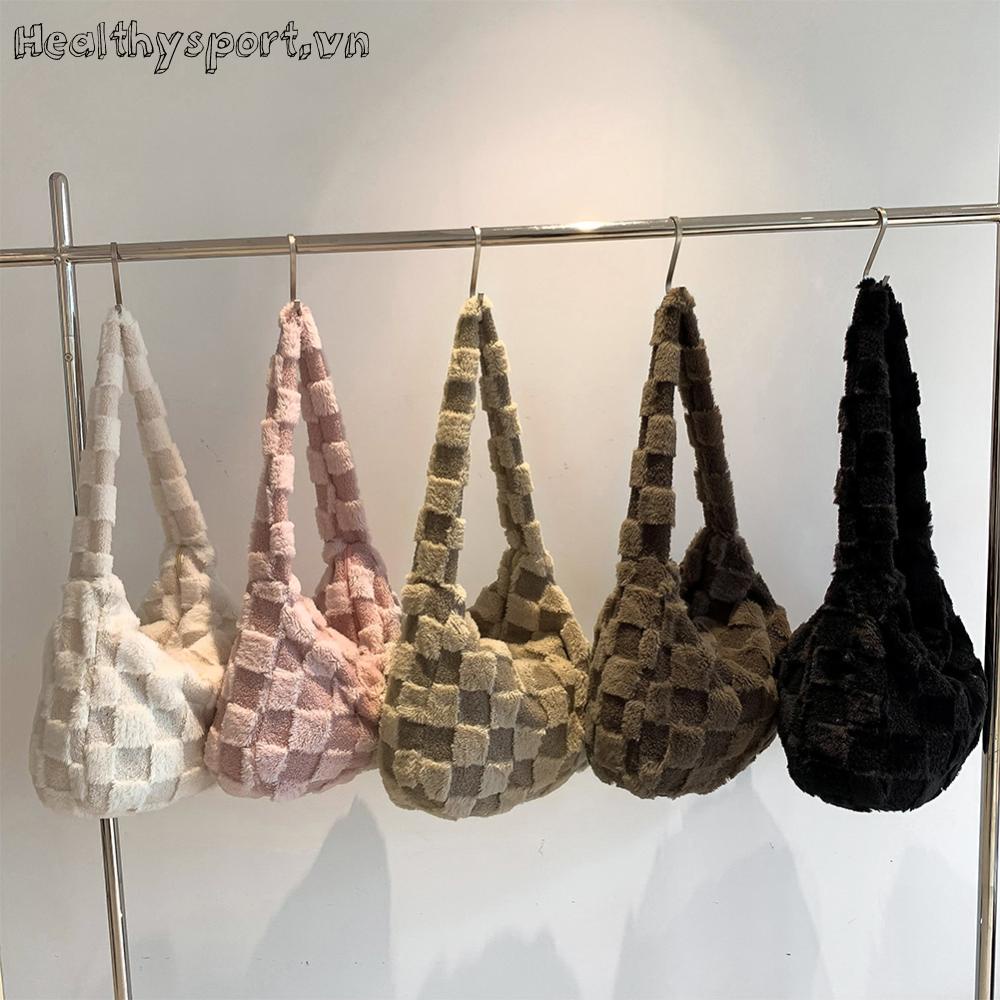 Túi Đeo Chéo Phủ Lông Họa Tiết Caro Thời Trang Thu Đông Cho Nữ