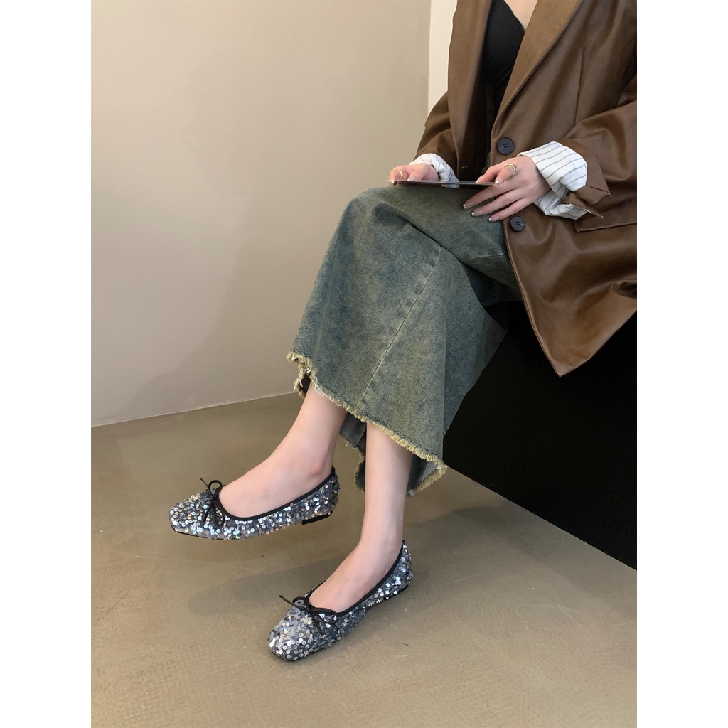 Giày Búp Bê mary jane Đế Bằng Đính Kim Sa Lấp Lánh Phong Cách retro Pháp Cho Nữ
