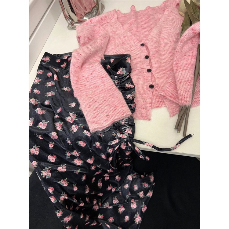 Bộ Áo Khoác cardigan Dệt Kim + Chân Váy Xếp Ly Màu Hồng Thời Trang Phong Cách Mới 2023