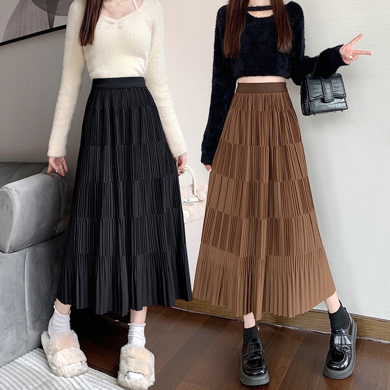 Chân Váy Chữ a Lưng Cao Xếp Ly Màu Trơn Thêu Họa Tiết Phong Cách Hàn Quốc Thời Trang Thu Đông Cho Nữ