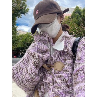 Thiết Kế Cảm Giác Sừng Nút Dệt Kim Cardigan Hợp Thời Trang Nữ Lười Thu Đông Retro Tua Rua Tím Áo Khoác Rời Niche Áo Len JAZO