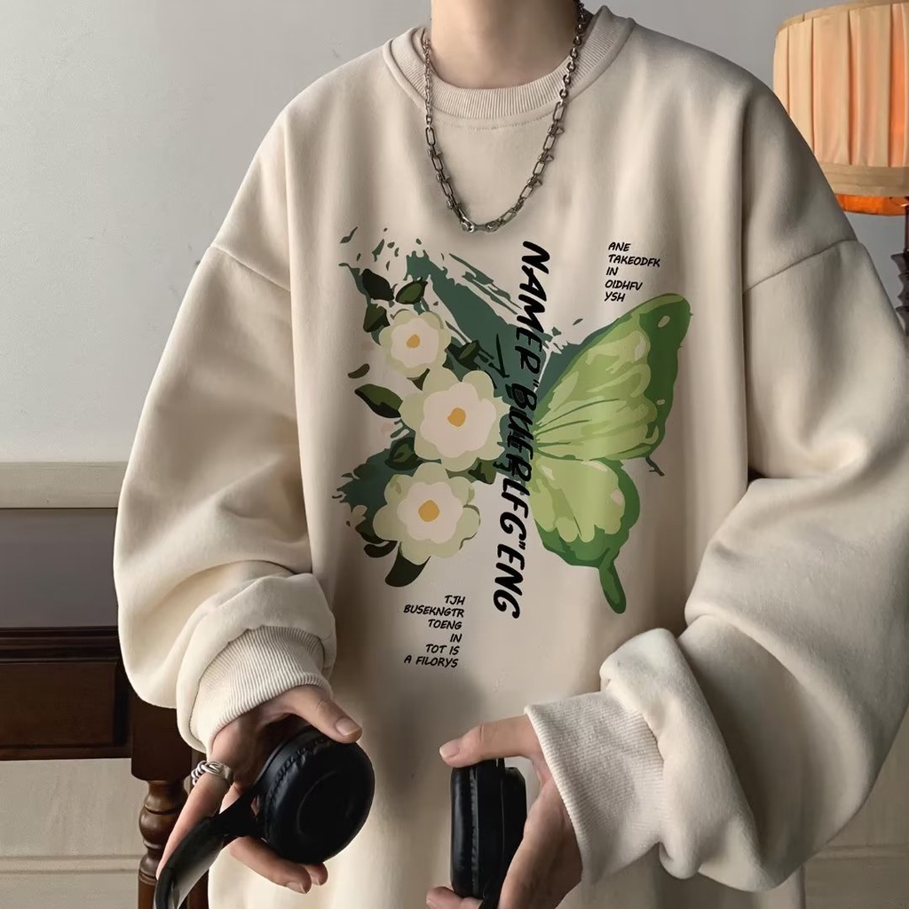 Áo Sweater cotton Tay Dài Dáng Rộng In Họa Tiết Hoa & Bướm Phong Cách Mỹ Cổ Điển Thời Trang Cho Nam Và Nữ size m-5xl