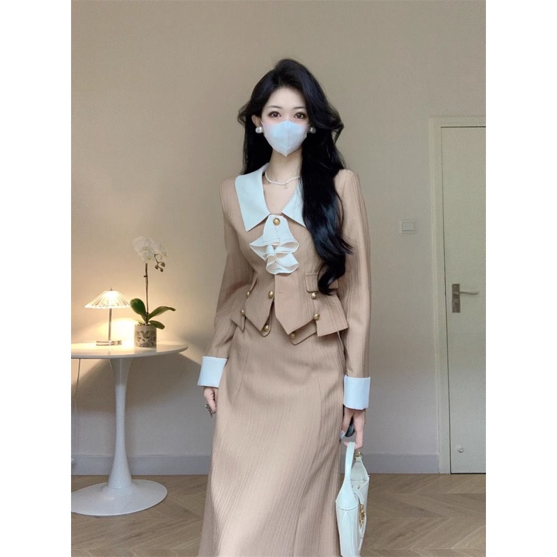 Set Áo Khoác Tay Dài Phối Chân Váy Dài 2023 Phong Cách Pháp Thời Trang Mùa Thu Cho Nữ