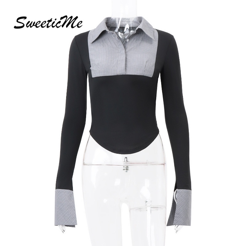 Sweeticme Áo Sơ Mi polo Tay Dài Loe Ôm Dáng Họa Tiết Kẻ Sọc Màu Tương Phản Thời Trang Mới 2023 Dành Cho Bạn Nữ