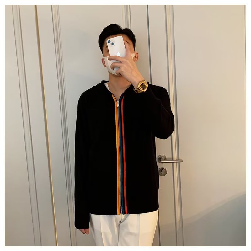 Áo Khoác cardigan Dệt Kim Có Khóa Kéo Phối Màu Sắc Tương Phản Phong Cách Âu Mỹ Thời Trang Mùa Thu Cho Nam