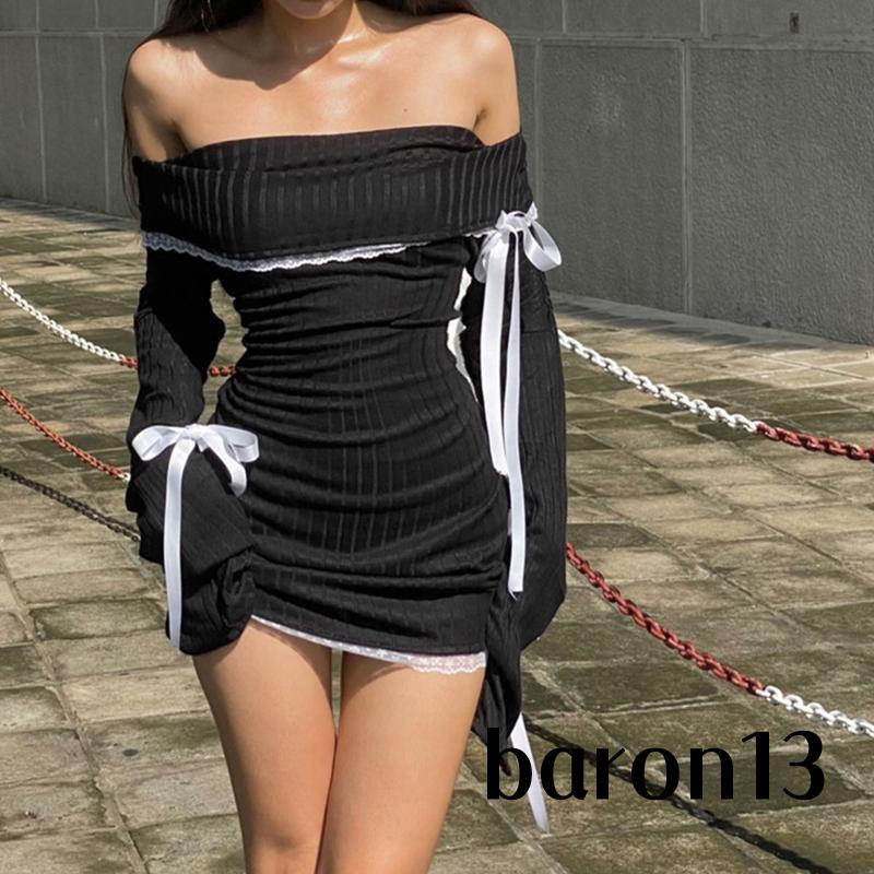 Xo8k-đầm Body Tay Dài Hở Vai Phối Dây Cột Thời Trang Cho Nữ