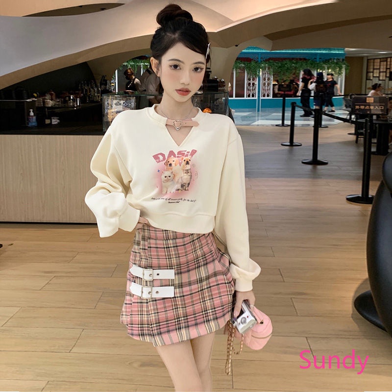 Set Áo Thun Dài Tay + Chân Váy Sọc Ca Rô Thời Trang Dành Cho Nữ