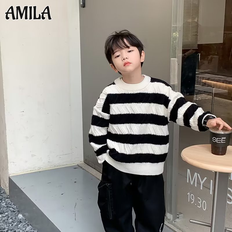 Amila Áo sweater Chui Đầu Kẻ Sọc Màu Tương Phản Thời Trang Cho Bé Trai Trung Niên