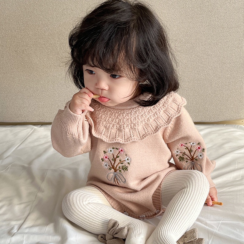 Áo Len Dệt Kim Tay Dài Cổ Bèo Thêu Hình Đáng Yêu Cho Bé Gái