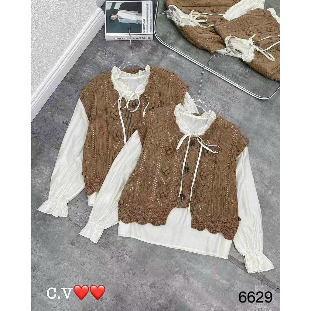 Set áo gile len nâu vintage kèm áo sơ mi bèo hàng QC L1
