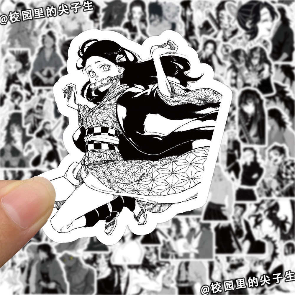 Set 100 Miếng Dán Trang Trí Điện Thoại / laptop / Vali / Mũ Bảo Hiểm Hình anime demon slayer Màu Trắng Đen