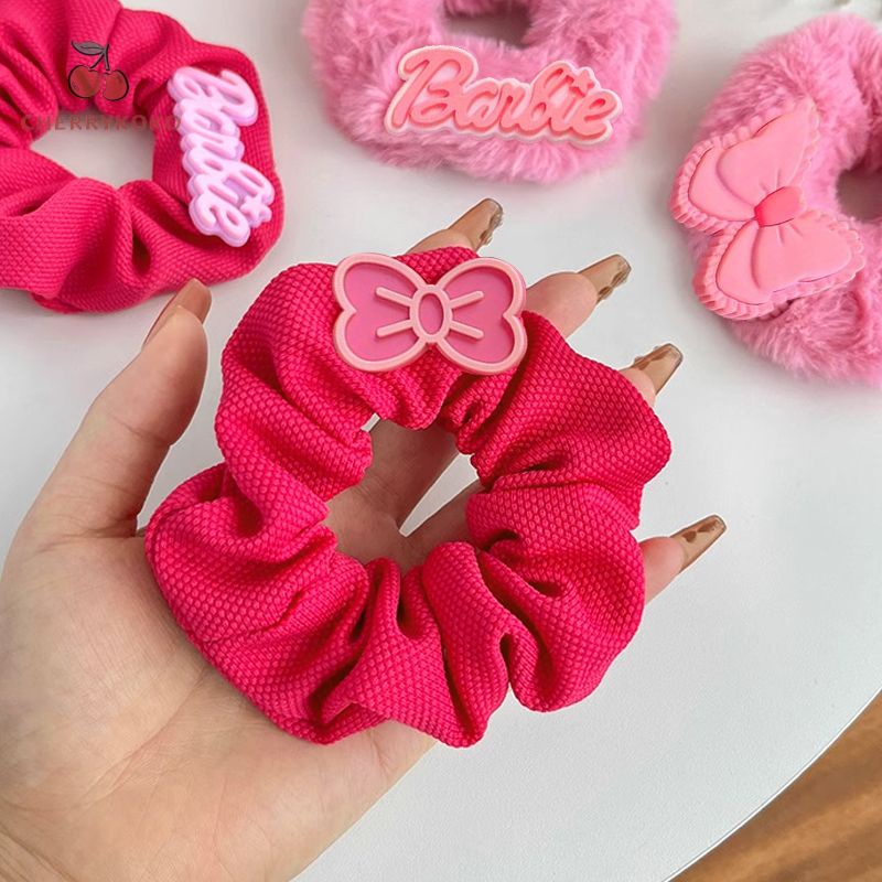 🍒🍒Cherrykoko Búp bê barbie Dây Cột Tóc Vải Lông Hình Nơ In Chữ barbie Màu Hồng Ngọt Ngào Thời Trang Hàn Quốc Cho Nữ