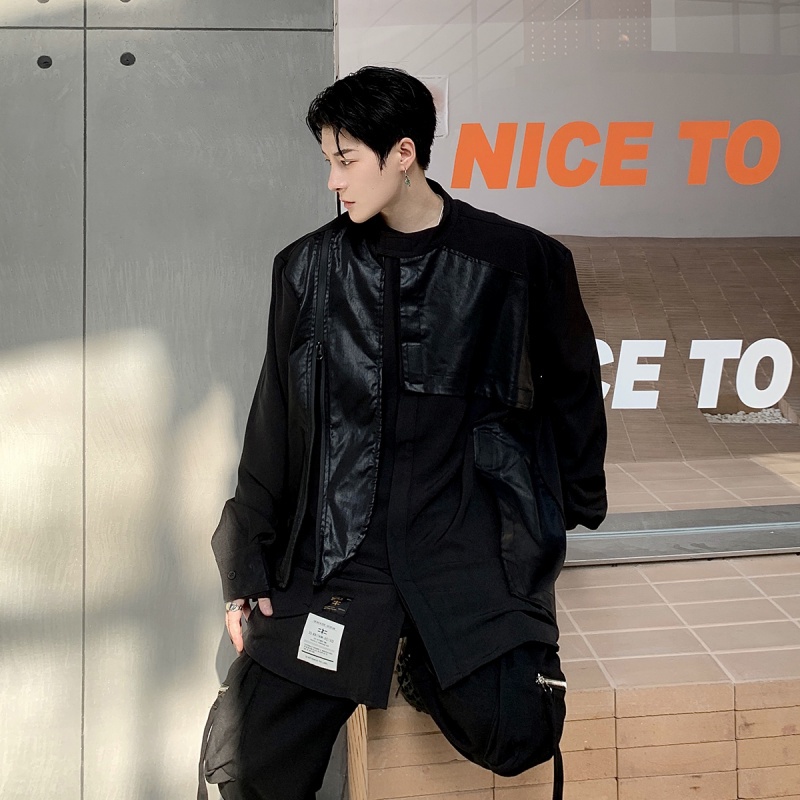 October Áo Sơ Mi Da Dài Tay Phối Màu Tương Phản Thời Trang Đường Phố Cho Nam