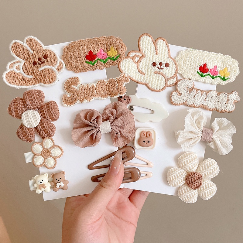 Set 10 Kẹp Tóc Nơ Màu Cà Phê Sữa Gấu Thỏ Dễ Thương Phong Cách Hàn Quốc Cho Bé Gái
