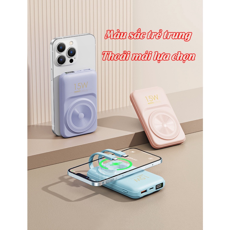 Sạc dự phòng không dây mini sạc nhanh 15W tích hợp dây Remax 10000mah Rpp - 281 chính hãng