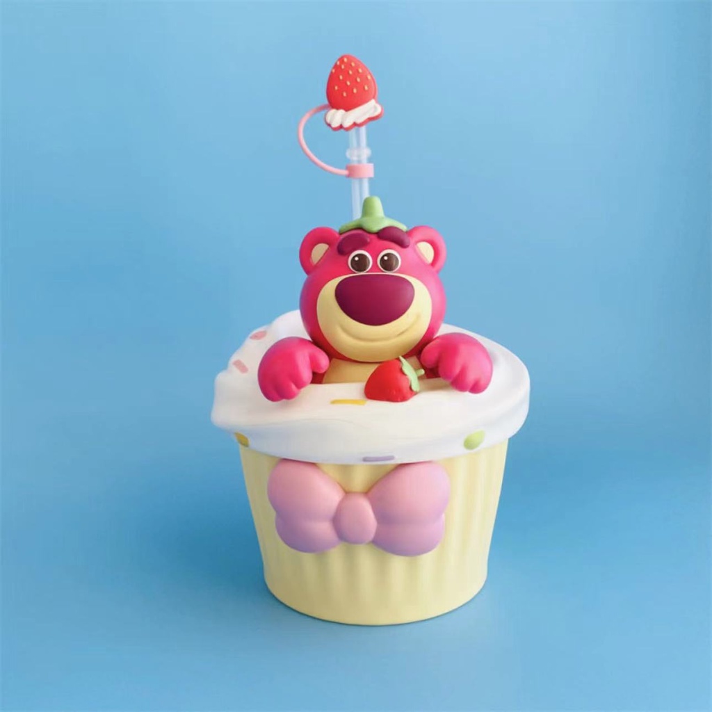 Bình Nước Hình Gấu Dâu Tây Hoạt Hình disney Dễ Thương Có Ống Hút Dưới Dâu Tây