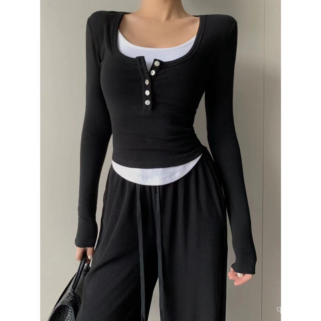 Áo Thun Tay Dài Giả Hai Lớp Màu Đen Thời Trang Mùa Thu Phong Cách Phương Tây jinqb0935jinq Dành Cho Bạn Nữ