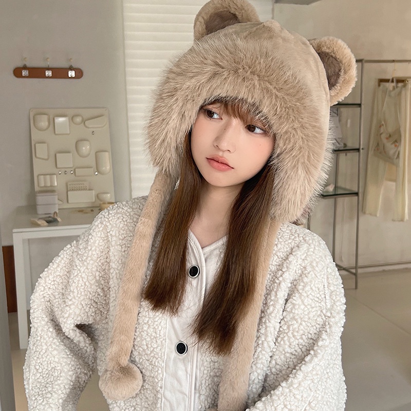 Mũ Tai Gấu Bông Dày Dặn Giữ Ấm Mùa Thu Đông Phong Cách Hàn Quốc Dễ Thương