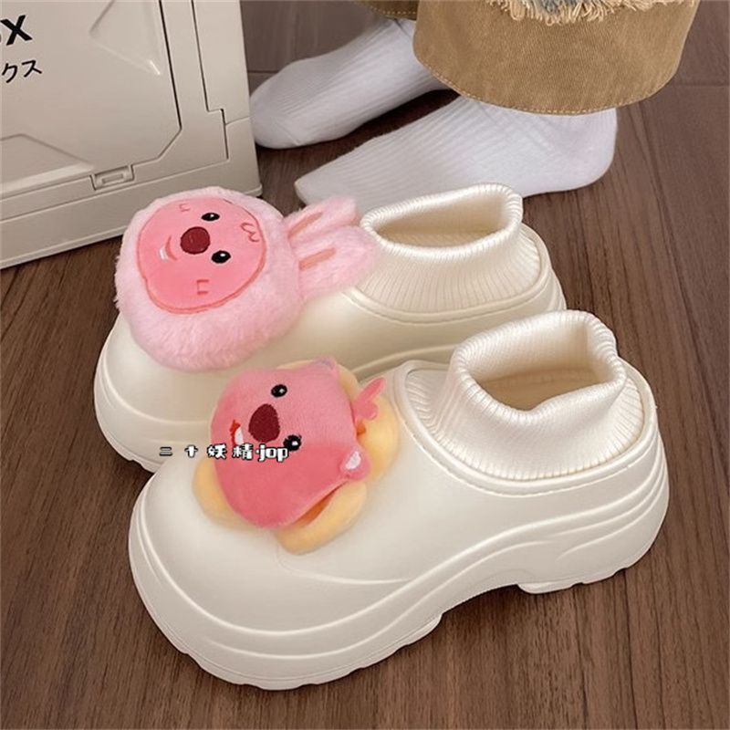 Dép Bông Bông Đi Trong Nhà Đế Dày Ấm Áp Màu Đỏ Đào Trắng Đen