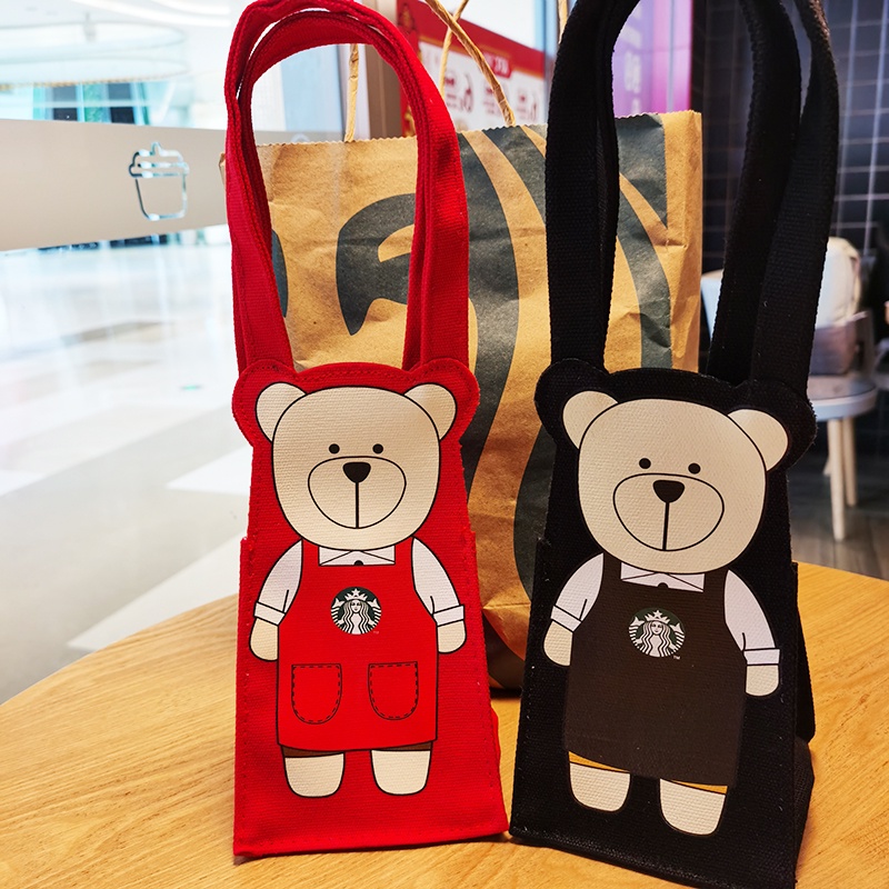 Túi canvas In Hình Gấu Hoạt Hình 2021 Đài Loan starbucks Màu Xanh Lá Đỏ Đen Thân Thiện Với Môi Trường
