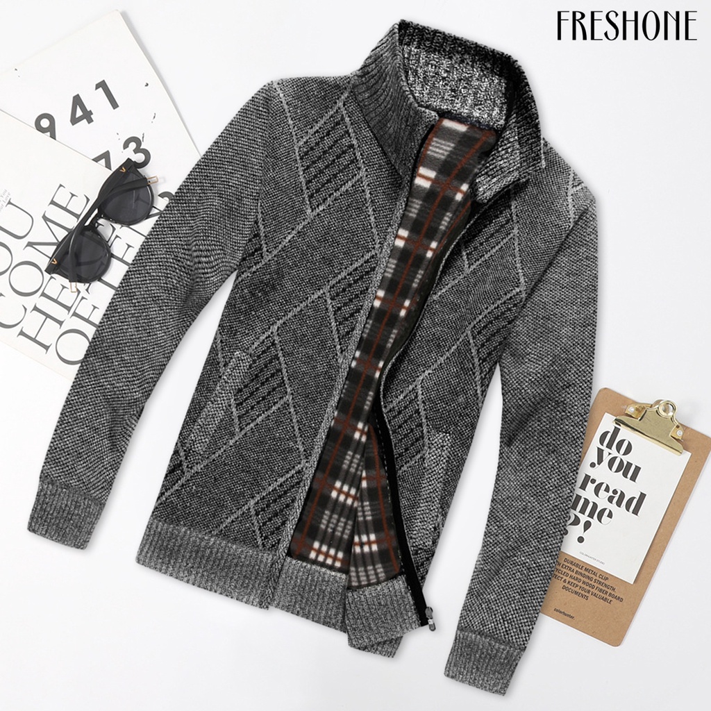 Áo Khoác cardigan Dệt Kim Dày Dài Vừa Phải Cổ Đứng Dáng Rộng Có Dây Kéo In Họa Tiết Hình Học Đơn Giản Cho Nam Mùa Thu Đông