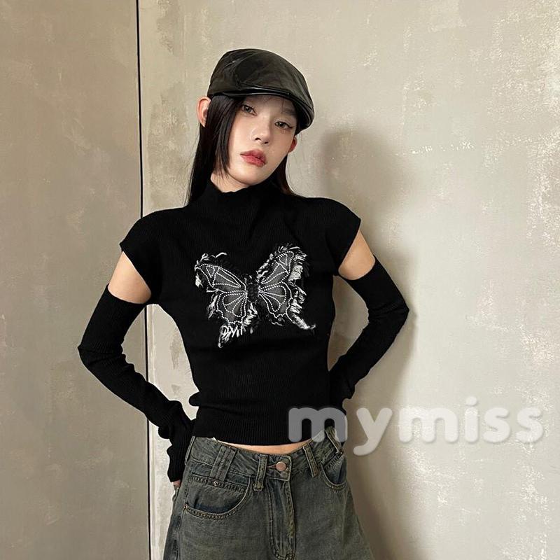 Mymiss1-áo Thun Dệt Kim Tay Dài Có Mũ Trùm In Hình Bướm Thời Trang Mùa Thu Dành Cho Nữ