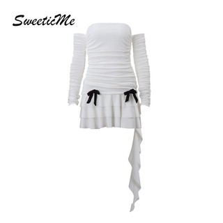 SweeticMe Nữ Thời Trang Mới Nơ Gợi Cảm Tắt Vai Dài Tay Ôm Phù Hợp Với Nhân Quả Đầm Ngắn