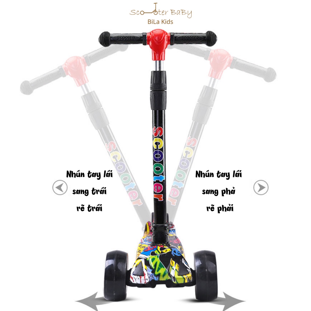 Xe Scooter cho bé trượt Graffiti BILA KIDS Có Nhạc Có Đèn, Gấp gọn thông minh bánh